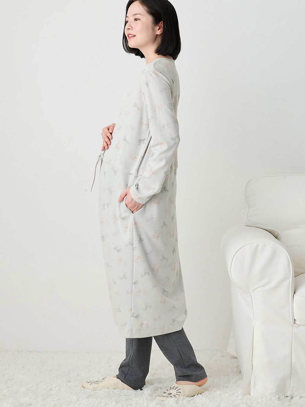 マタニティ パジャマ・ルームウェア|【親子コーデ可】リボン柄プリント２ＷＡＹパジャマ　マタニティ・授乳パジャマ【出産後も長く使える】|グレー