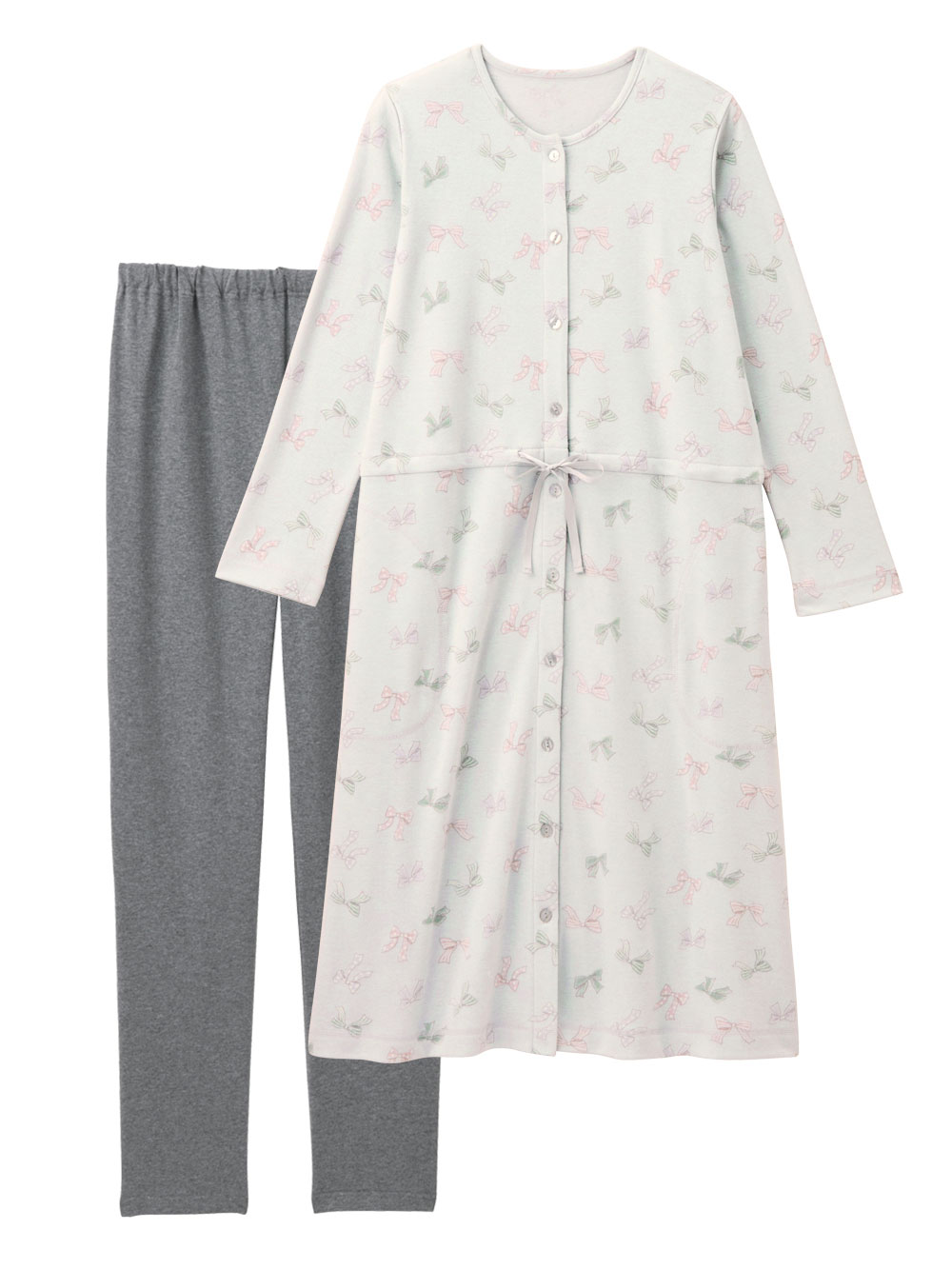 マタニティ パジャマ・ルームウェア|【親子コーデ可】リボン柄プリント２ＷＡＹパジャマ　マタニティ・授乳パジャマ【出産後も長く使える】|グレー