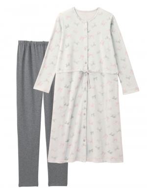 マタニティ パジャマ・ルームウェア|【親子コーデ可】リボン柄プリント２ＷＡＹパジャマ　マタニティ・授乳パジャマ【出産後も長く使える】|グレー