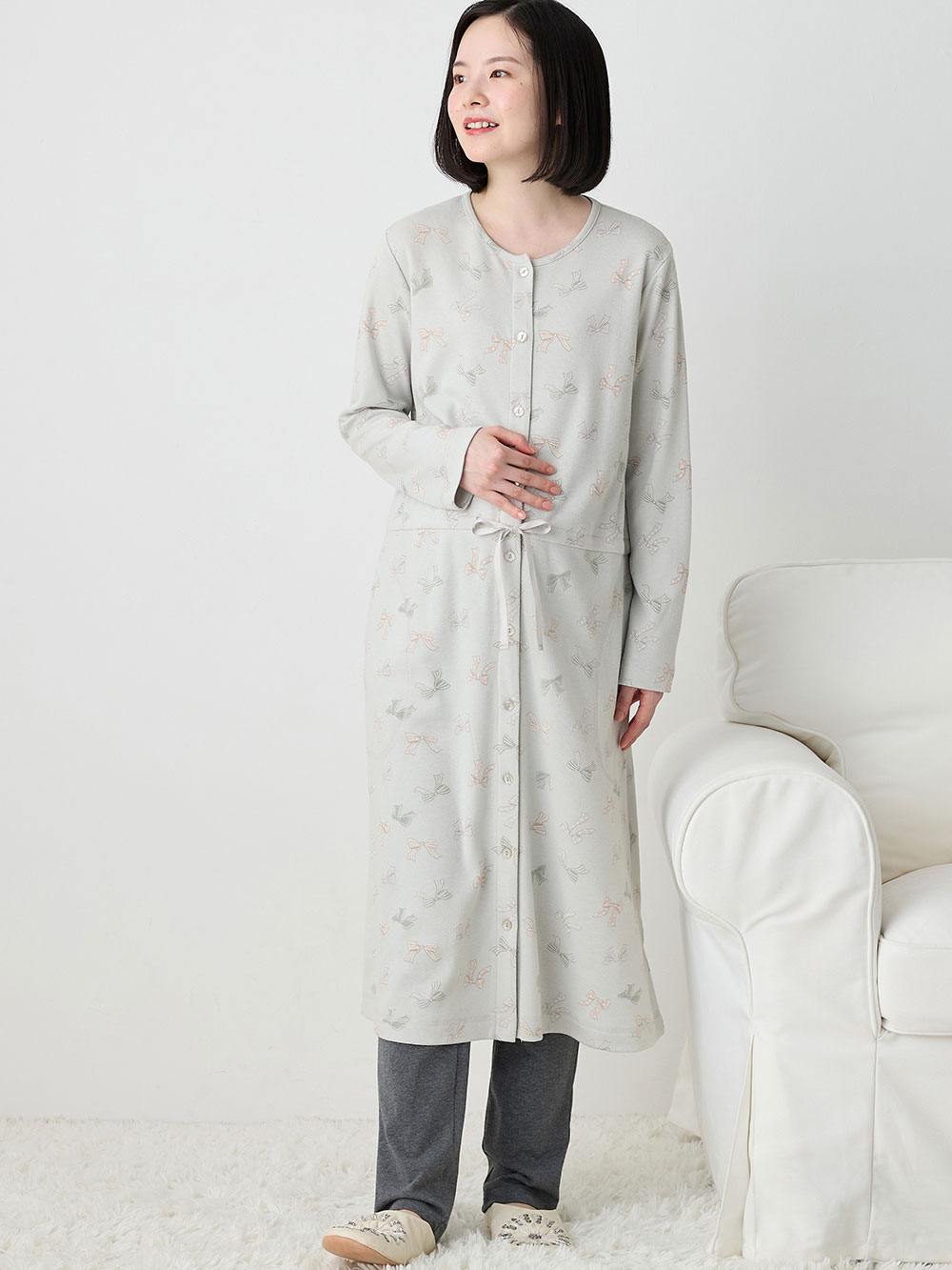 マタニティ パジャマ・ルームウェア|【親子コーデ可】リボン柄プリント２ＷＡＹパジャマ　マタニティ・授乳パジャマ【出産後も長く使える】|グレー
