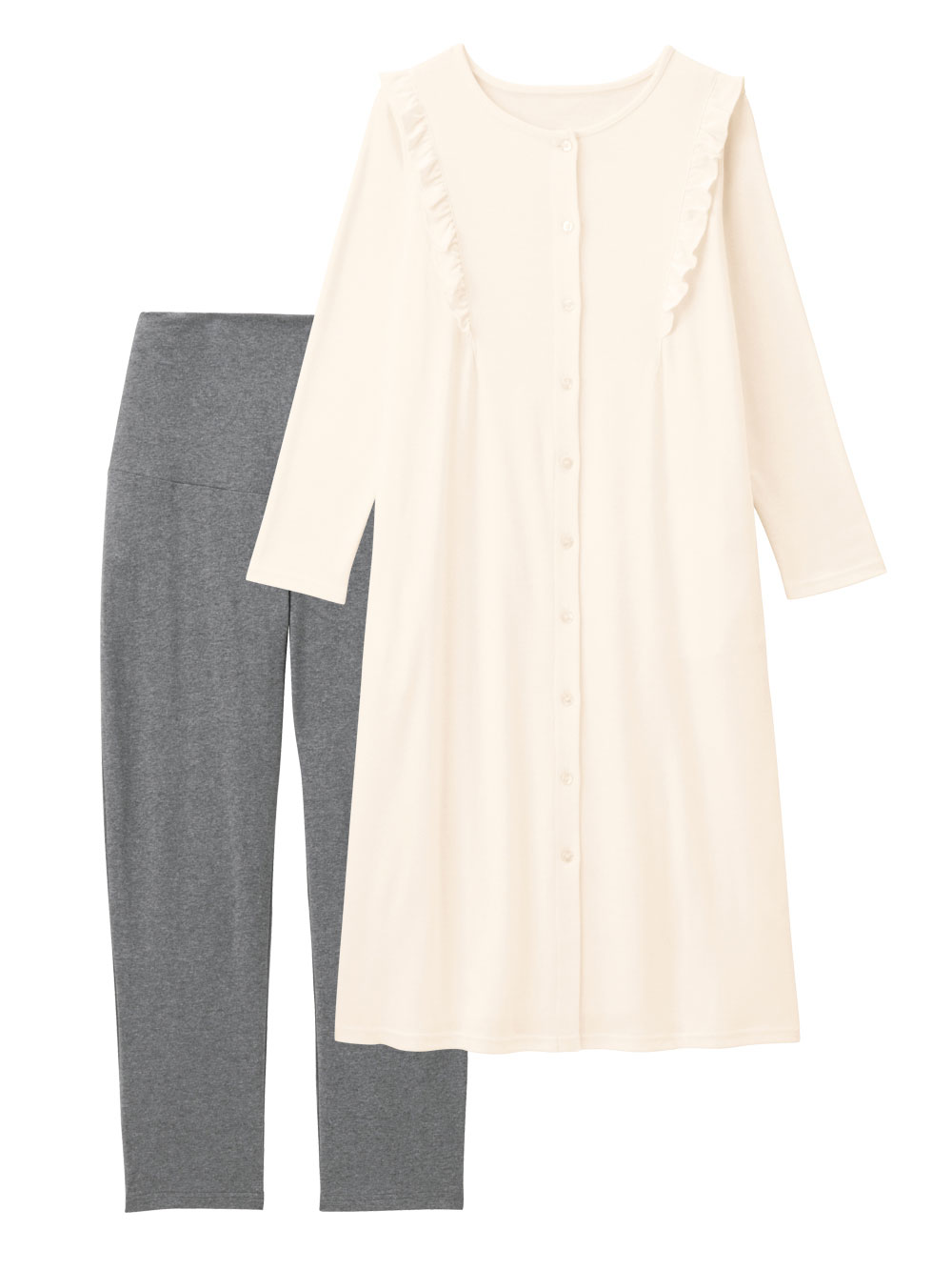 マタニティ パジャマ・ルームウェア|綿混やわらかスムースラッフルワンピース＆レギンスパジャマ　マタニティ・授乳パジャマ【出産後も長く使える】|オフ