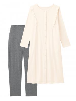 マタニティ パジャマ・ルームウェア|綿混やわらかスムースラッフルワンピース＆レギンスパジャマ　マタニティ・授乳パジャマ【出産後も長く使える】|オフ
