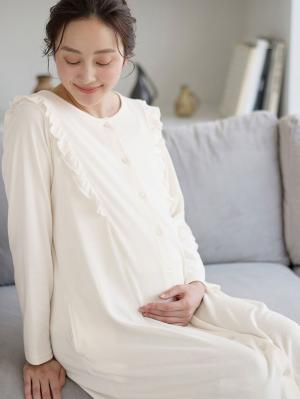 綿混やわらかスムースラッフルワンピース＆レギンスパジャマ　マタニティ・授乳パジャマ【出産後も長く使える】10583