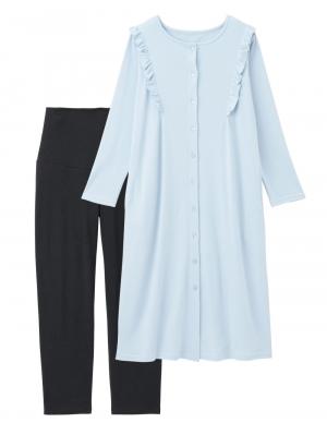 マタニティ パジャマ・ルームウェア|綿混やわらかスムースラッフルワンピース＆レギンスパジャマ　マタニティ・授乳パジャマ【出産後も長く使える】|サックス