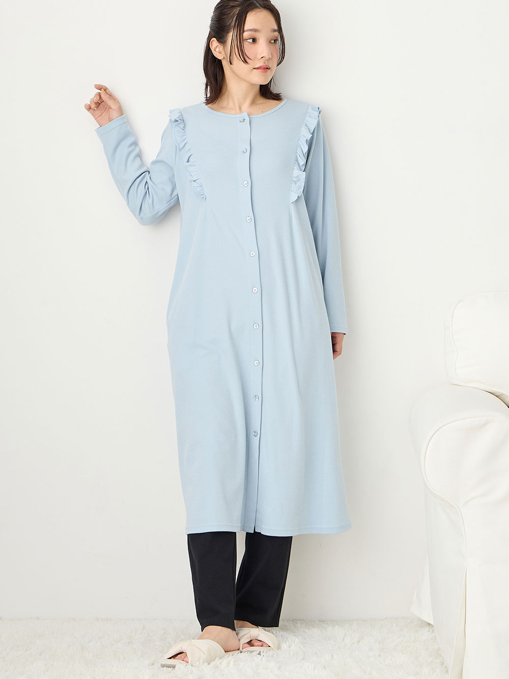 マタニティ パジャマ・ルームウェア|綿混やわらかスムースラッフルワンピース＆レギンスパジャマ　マタニティ・授乳パジャマ【出産後も長く使える】|サックス