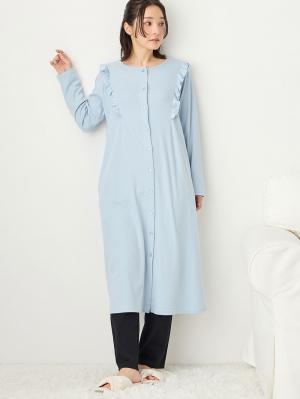 マタニティ パジャマ・ルームウェア|綿混やわらかスムースラッフルワンピース＆レギンスパジャマ　マタニティ・授乳パジャマ【出産後も長く使える】|サックス