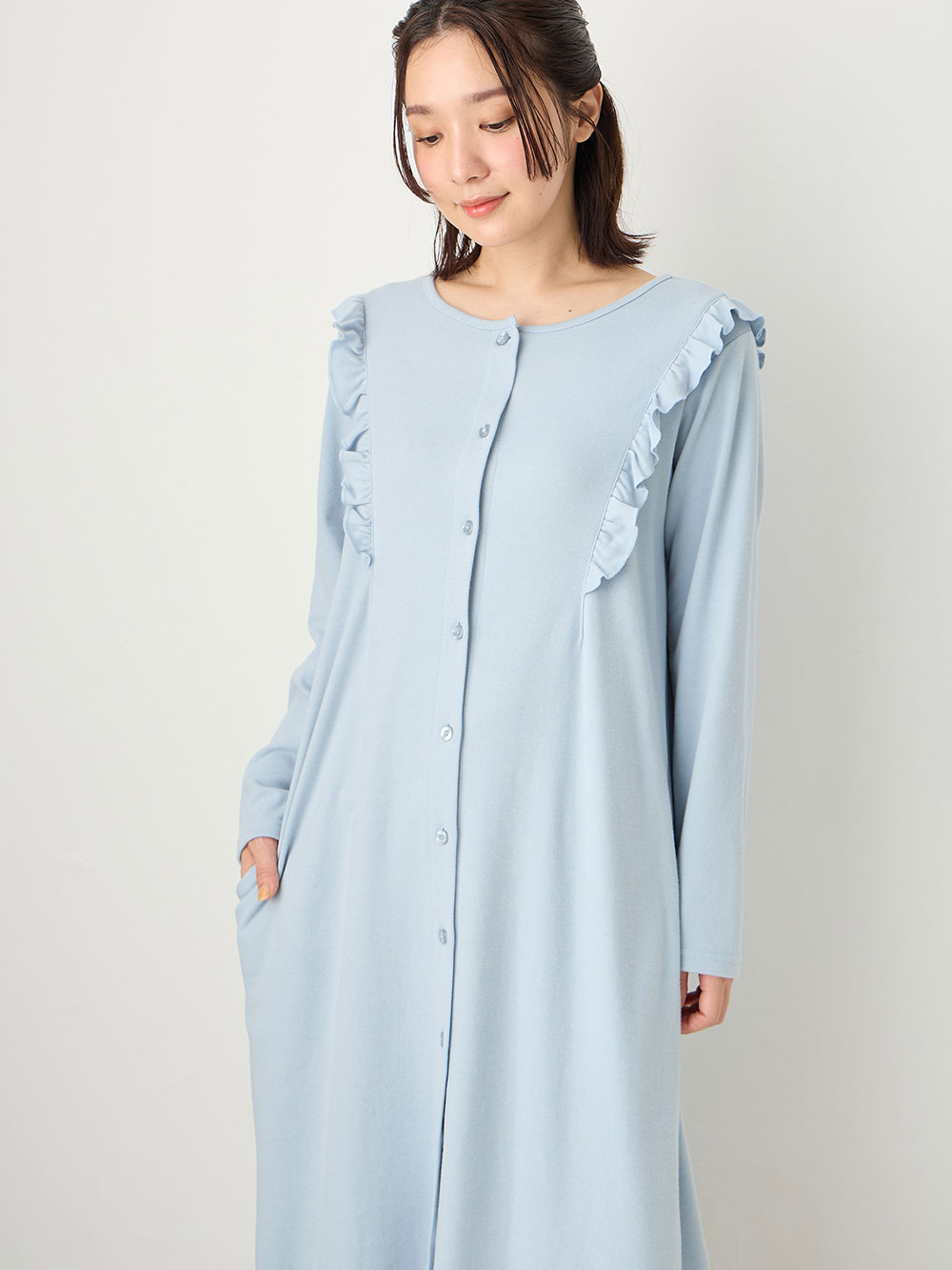 マタニティ パジャマ・ルームウェア|綿混やわらかスムースラッフルワンピース＆レギンスパジャマ　マタニティ・授乳パジャマ【出産後も長く使える】|サックス