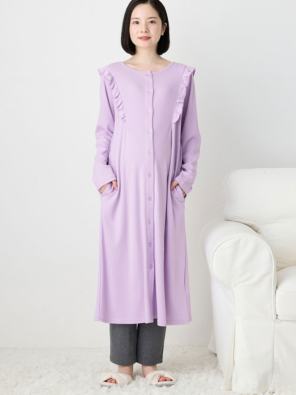マタニティ パジャマ・ルームウェア|綿混やわらかスムースラッフルワンピース＆レギンスパジャマ　マタニティ・授乳パジャマ【出産後も長く使える】|パープル
