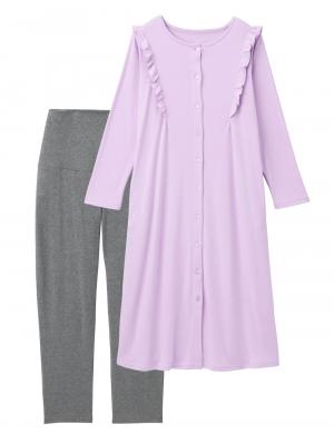 マタニティ パジャマ・ルームウェア|綿混やわらかスムースラッフルワンピース＆レギンスパジャマ　マタニティ・授乳パジャマ【出産後も長く使える】|パープル