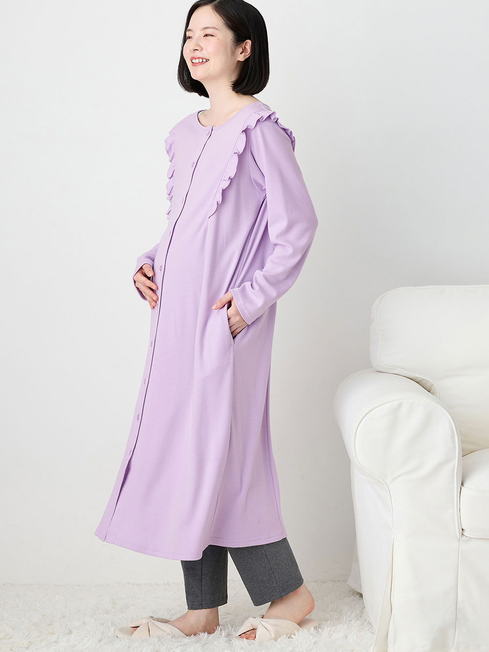 マタニティ パジャマ・ルームウェア|綿混やわらかスムースラッフルワンピース＆レギンスパジャマ　マタニティ・授乳パジャマ【出産後も長く使える】|パープル