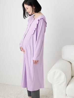 マタニティ パジャマ・ルームウェア|綿混やわらかスムースラッフルワンピース＆レギンスパジャマ　マタニティ・授乳パジャマ【出産後も長く使える】|パープル