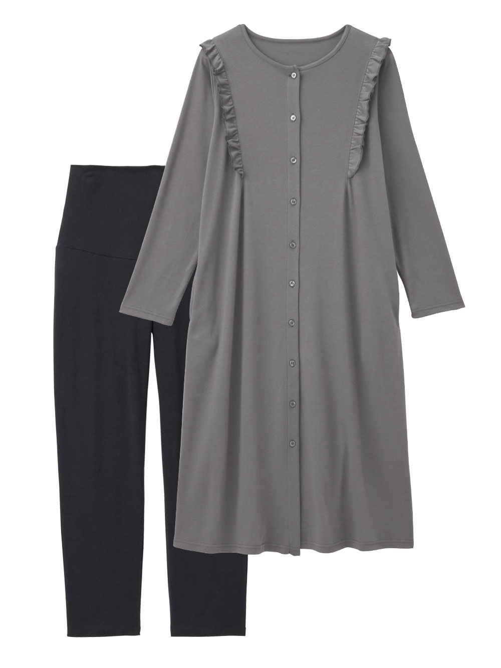 マタニティ パジャマ・ルームウェア|綿混やわらかスムースラッフルワンピース＆レギンスパジャマ　マタニティ・授乳パジャマ【出産後も長く使える】|チャコール