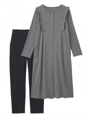 マタニティ パジャマ・ルームウェア|綿混やわらかスムースラッフルワンピース＆レギンスパジャマ　マタニティ・授乳パジャマ【出産後も長く使える】|チャコール