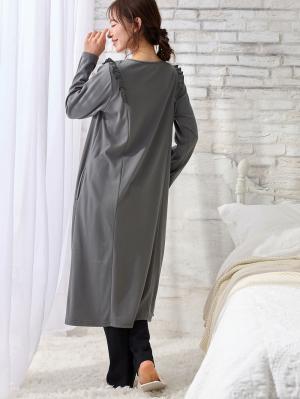 マタニティ パジャマ・ルームウェア|綿混やわらかスムースラッフルワンピース＆レギンスパジャマ　マタニティ・授乳パジャマ【出産後も長く使える】|チャコール