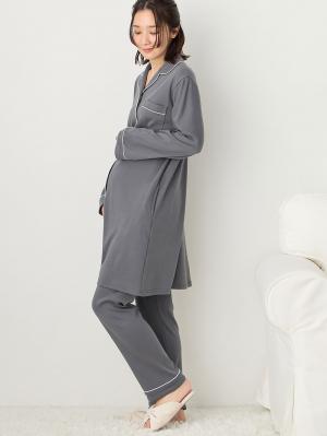 マタニティ パジャマ・ルームウェア|綿混やわらかスムースシャツパジャマ　マタニティ・授乳パジャマ【出産後も長く使える】|チャコール
