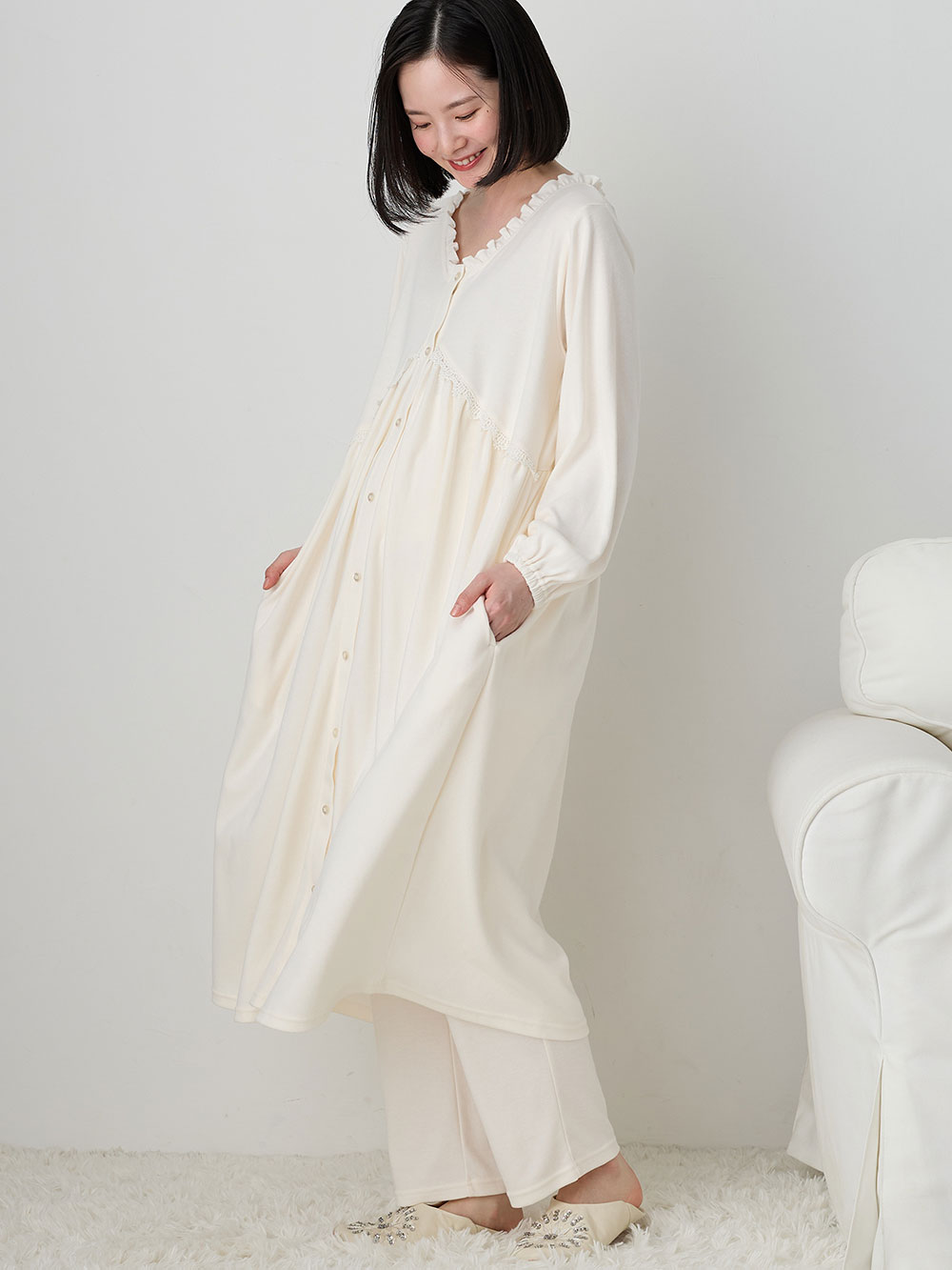 マタニティ パジャマ・ルームウェア|綿混やわらかスムース切替ギャザーパジャマ　マタニティ・授乳パジャマ【出産後も長く使える】|オフ