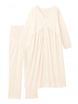 マタニティ パジャマ・ルームウェア|綿混やわらかスムース切替ギャザーパジャマ　マタニティ・授乳パジャマ【出産後も長く使える】|オフ