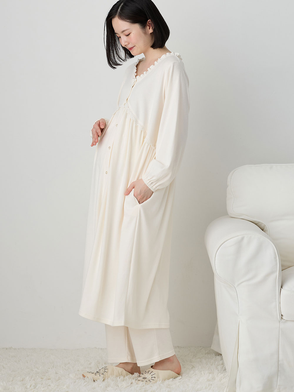 マタニティ パジャマ・ルームウェア|綿混やわらかスムース切替ギャザーパジャマ　マタニティ・授乳パジャマ【出産後も長く使える】|オフ