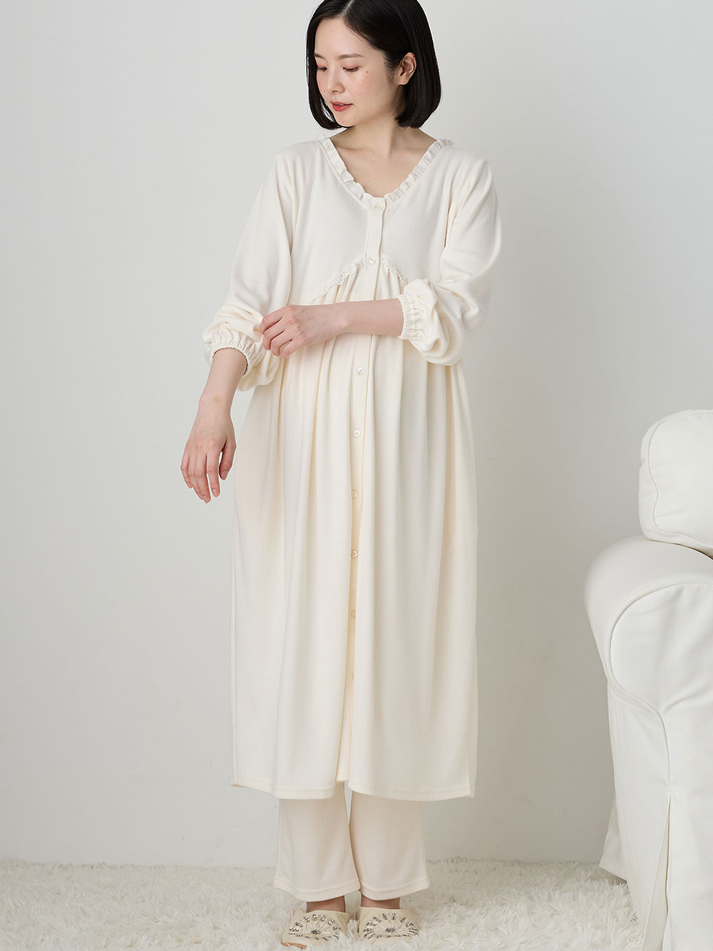 マタニティ パジャマ・ルームウェア|綿混やわらかスムース切替ギャザーパジャマ　マタニティ・授乳パジャマ【出産後も長く使える】|オフ