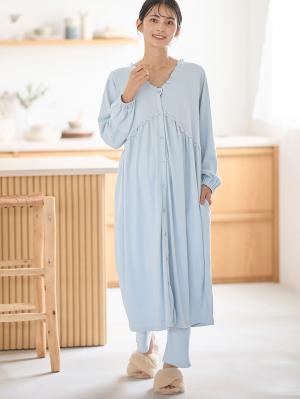 【パジャマおまとめ割 対象】綿混やわらかスムース切替ギャザーパジャマ　マタニティ・授乳パジャマ【出産後も長く使える】10585