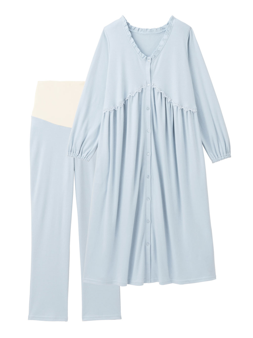 マタニティ パジャマ・ルームウェア|綿混やわらかスムース切替ギャザーパジャマ　マタニティ・授乳パジャマ【出産後も長く使える】|サックス