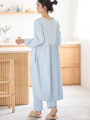 マタニティ パジャマ・ルームウェア|綿混やわらかスムース切替ギャザーパジャマ　マタニティ・授乳パジャマ【出産後も長く使える】|サックス