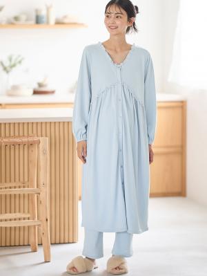 マタニティ パジャマ・ルームウェア|綿混やわらかスムース切替ギャザーパジャマ　マタニティ・授乳パジャマ【出産後も長く使える】|サックス