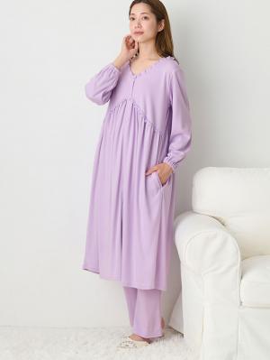 マタニティ パジャマ・ルームウェア|綿混やわらかスムース切替ギャザーパジャマ　マタニティ・授乳パジャマ【出産後も長く使える】|パープル