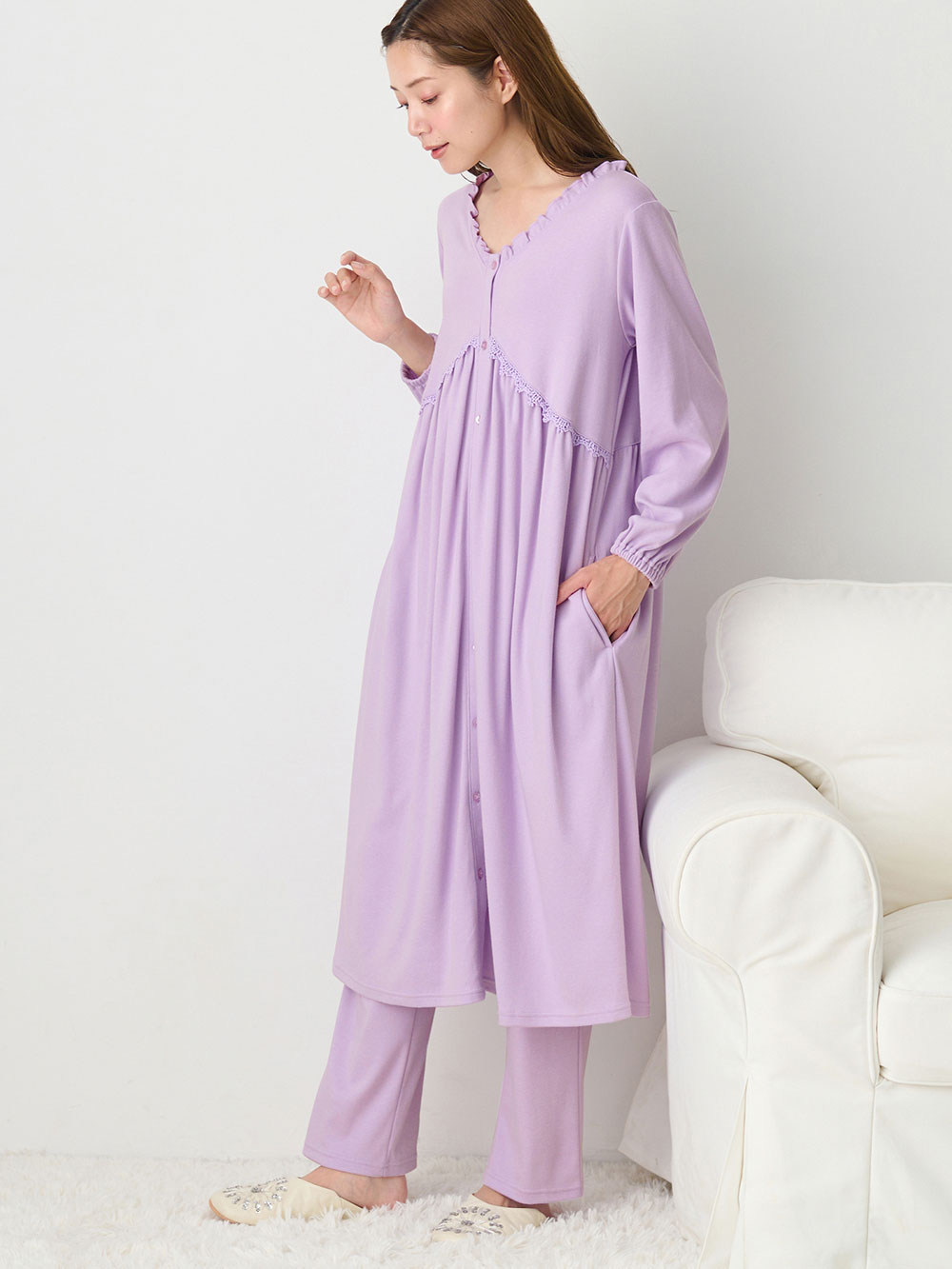 マタニティ パジャマ・ルームウェア|綿混やわらかスムース切替ギャザーパジャマ　マタニティ・授乳パジャマ【出産後も長く使える】|パープル