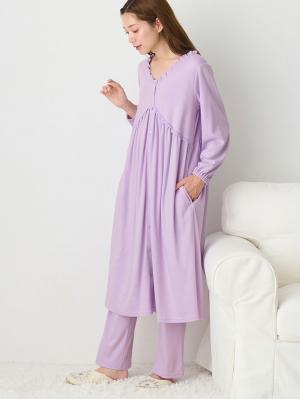 マタニティ パジャマ・ルームウェア|綿混やわらかスムース切替ギャザーパジャマ　マタニティ・授乳パジャマ【出産後も長く使える】|パープル