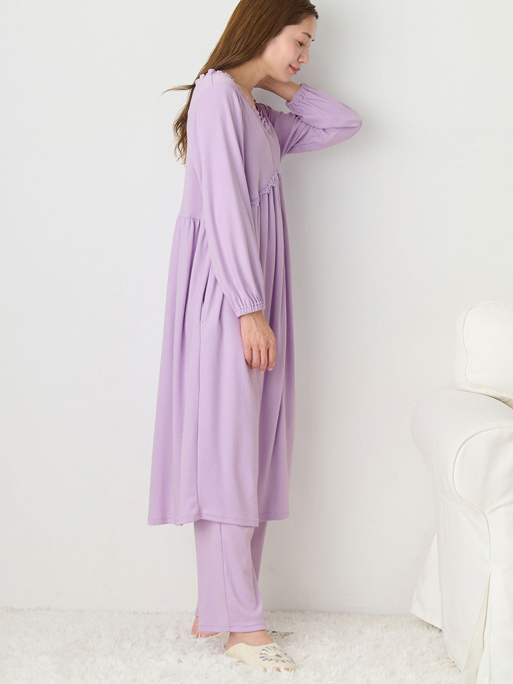 マタニティ パジャマ・ルームウェア|綿混やわらかスムース切替ギャザーパジャマ　マタニティ・授乳パジャマ【出産後も長く使える】|パープル