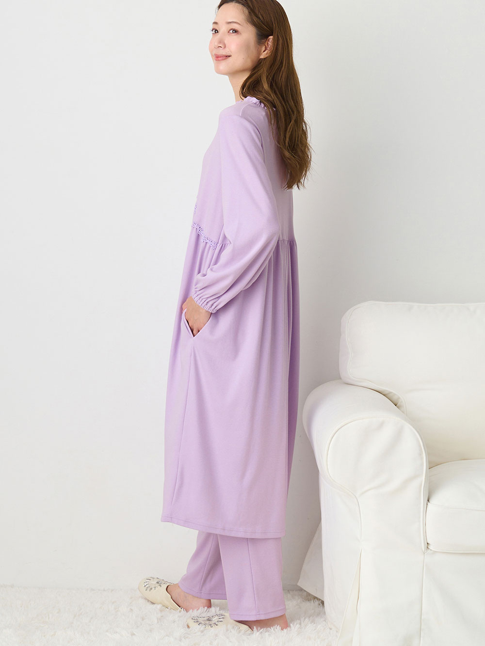 マタニティ パジャマ・ルームウェア|綿混やわらかスムース切替ギャザーパジャマ　マタニティ・授乳パジャマ【出産後も長く使える】|パープル