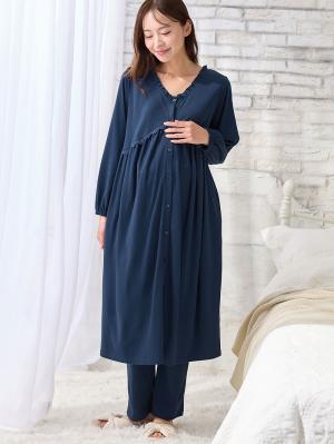 マタニティ パジャマ・ルームウェア|綿混やわらかスムース切替ギャザーパジャマ　マタニティ・授乳パジャマ【出産後も長く使える】|ネイビー