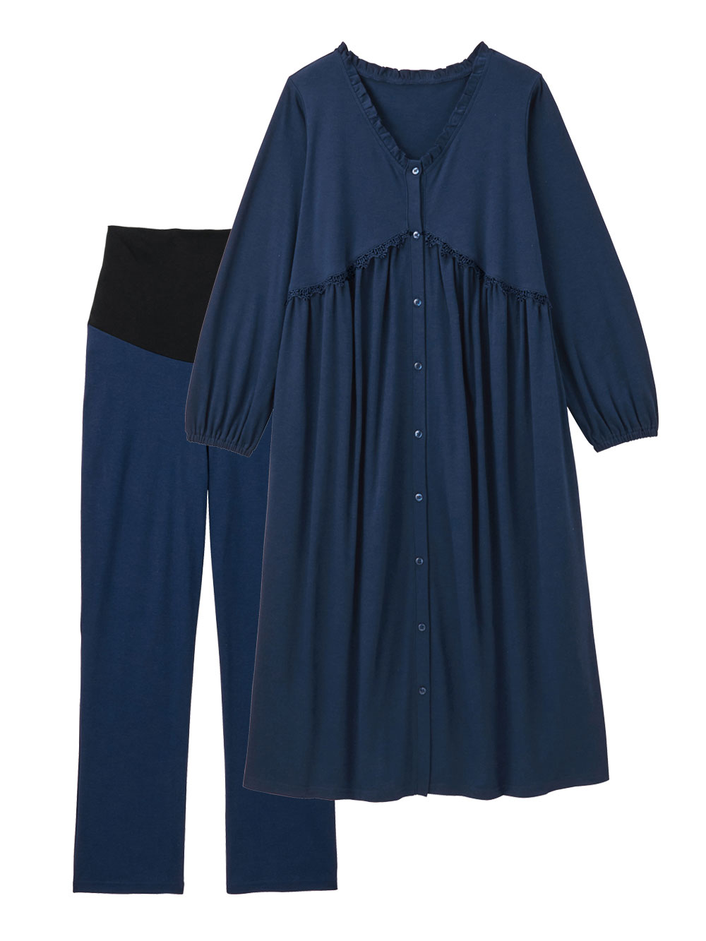 マタニティ パジャマ・ルームウェア|綿混やわらかスムース切替ギャザーパジャマ　マタニティ・授乳パジャマ【出産後も長く使える】|ネイビー