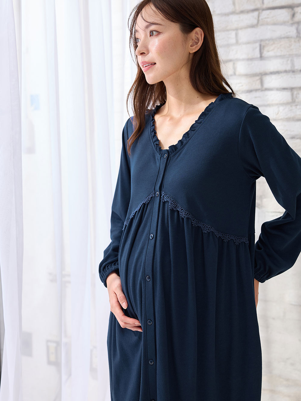 マタニティ パジャマ・ルームウェア|綿混やわらかスムース切替ギャザーパジャマ　マタニティ・授乳パジャマ【出産後も長く使える】|ネイビー