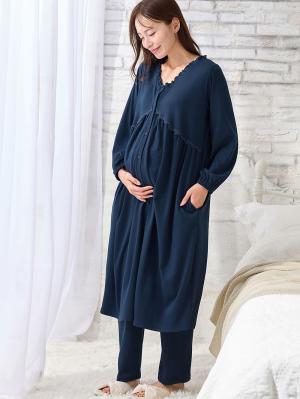 マタニティ パジャマ・ルームウェア|綿混やわらかスムース切替ギャザーパジャマ　マタニティ・授乳パジャマ【出産後も長く使える】|ネイビー