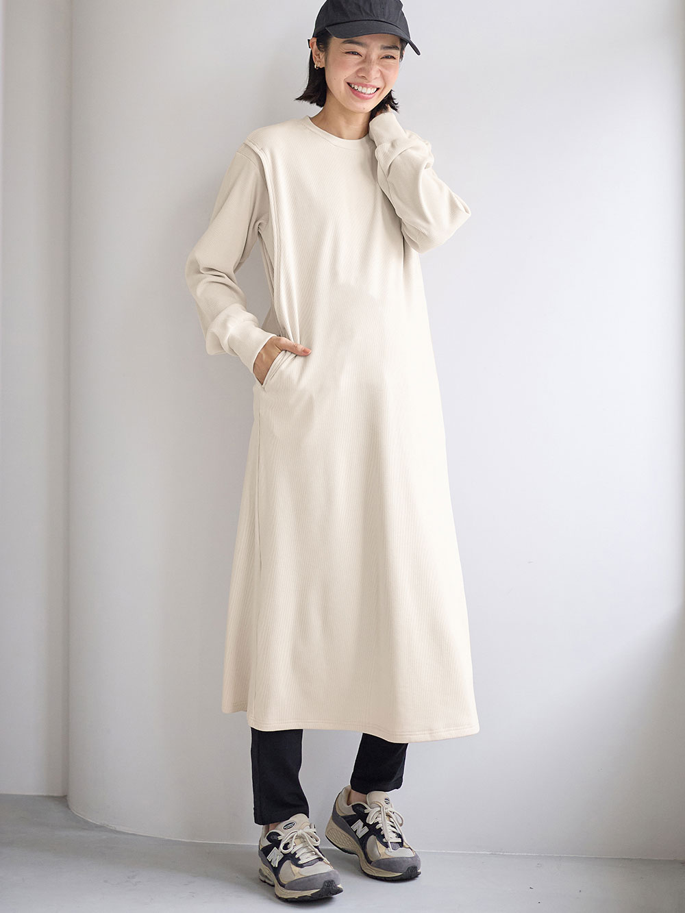 マタニティ ワンピース|ストレッチリブAラインワンピース　マタニティ・授乳服【出産後も長く使える】|アイボリー