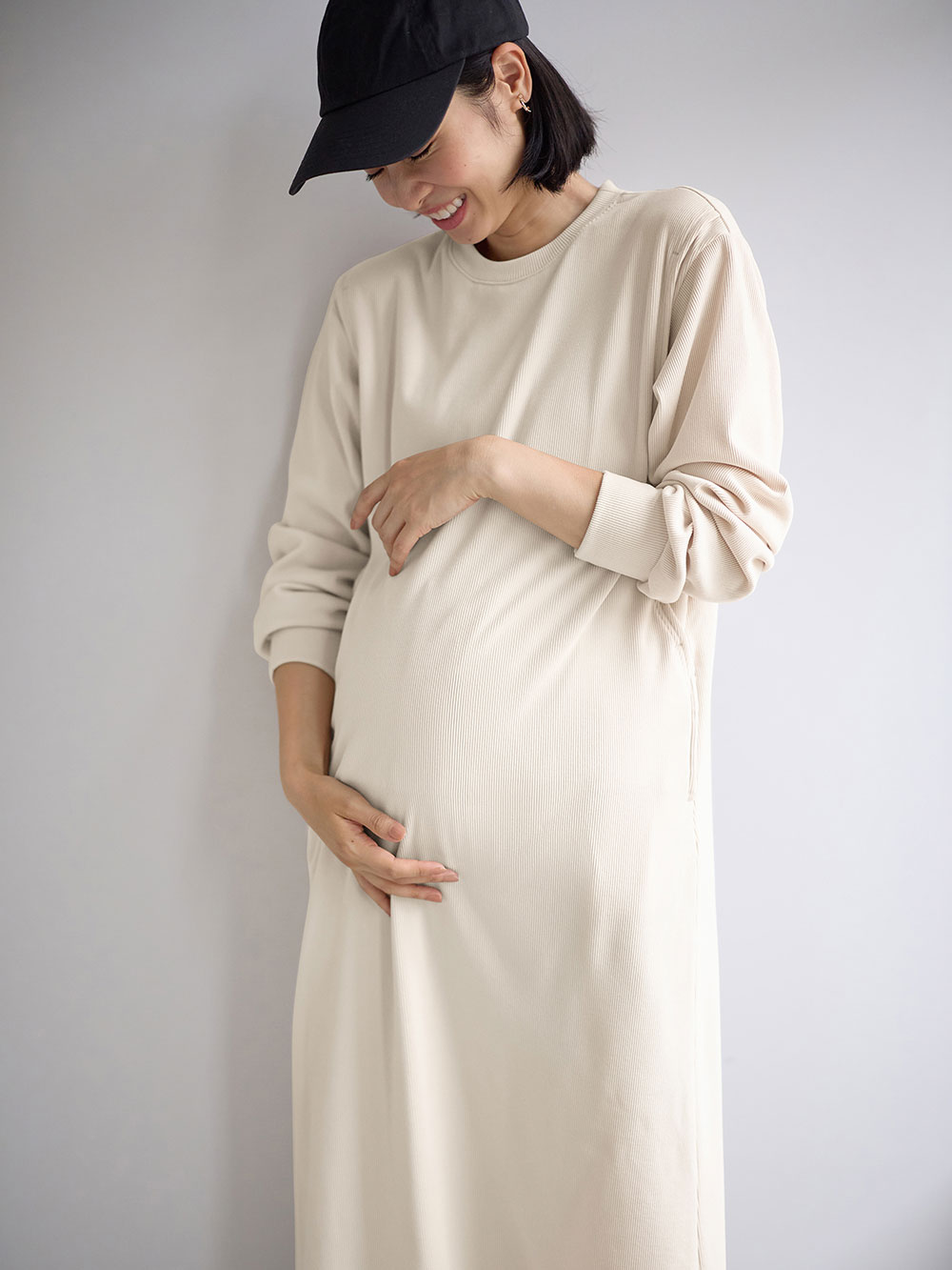 マタニティ ワンピース|ストレッチリブAラインワンピース　マタニティ・授乳服【出産後も長く使える】|アイボリー