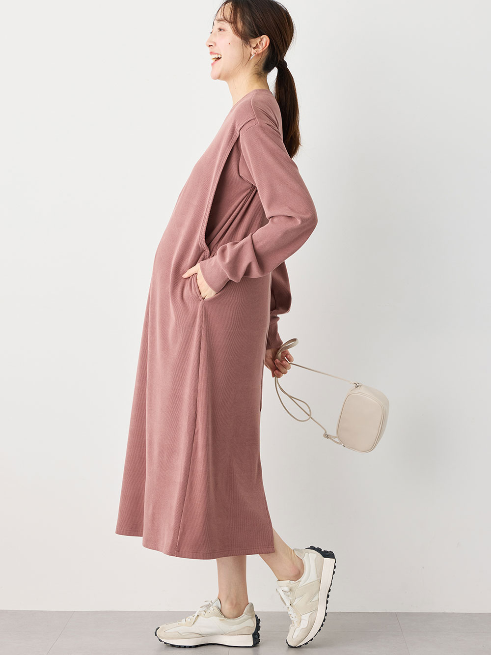 マタニティ ワンピース|ストレッチリブAラインワンピース　マタニティ・授乳服【出産後も長く使える】|ピンク