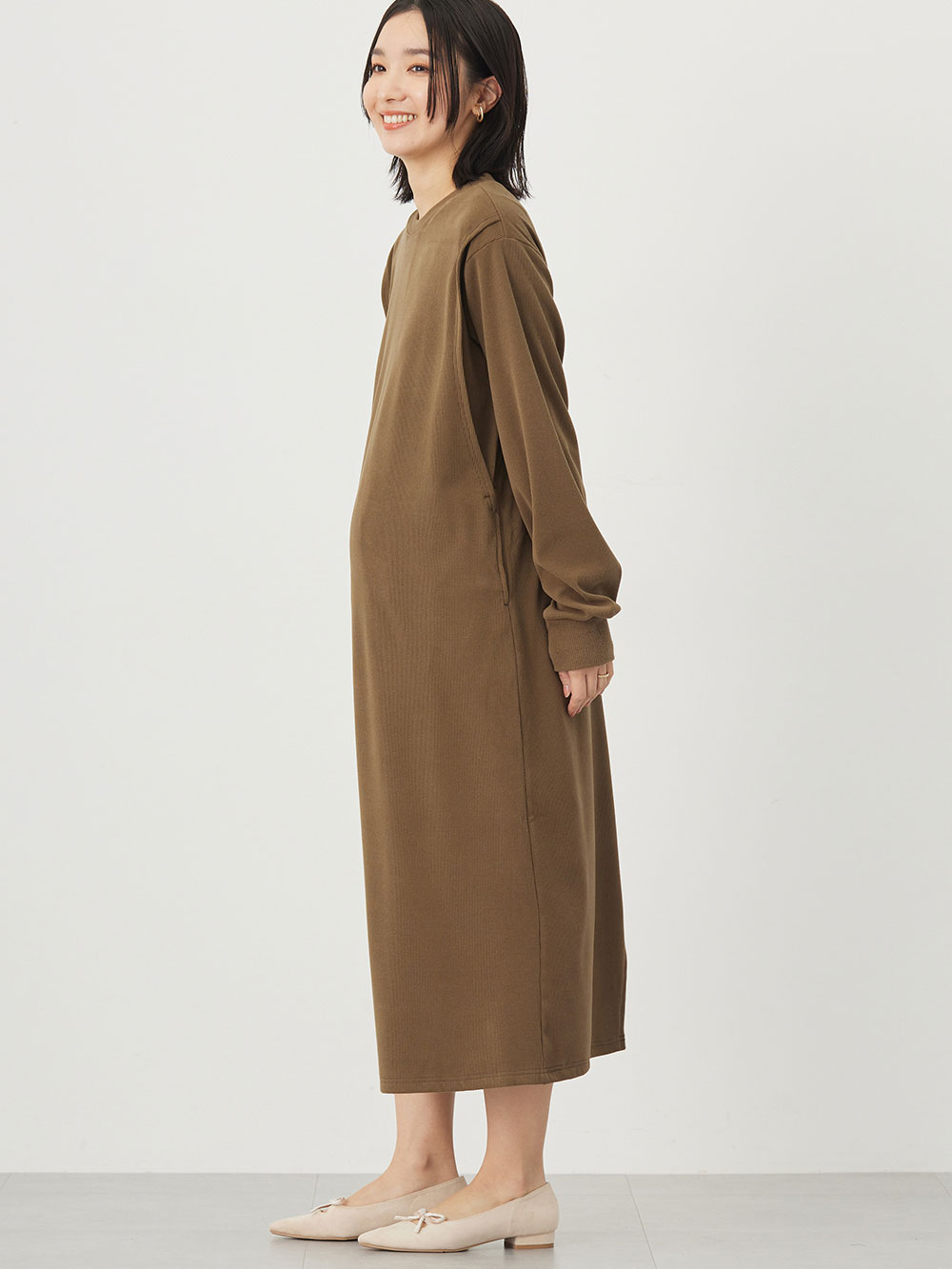 マタニティ ワンピース|ストレッチリブAラインワンピース　マタニティ・授乳服【出産後も長く使える】|カーキ