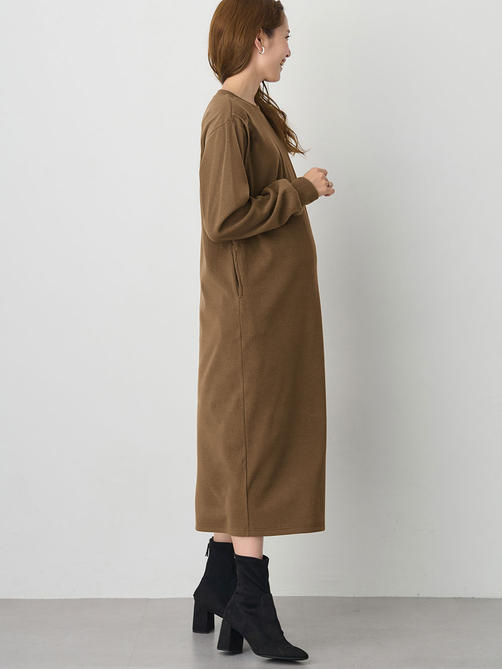 マタニティ ワンピース|ストレッチリブAラインワンピース　マタニティ・授乳服【出産後も長く使える】|カーキ