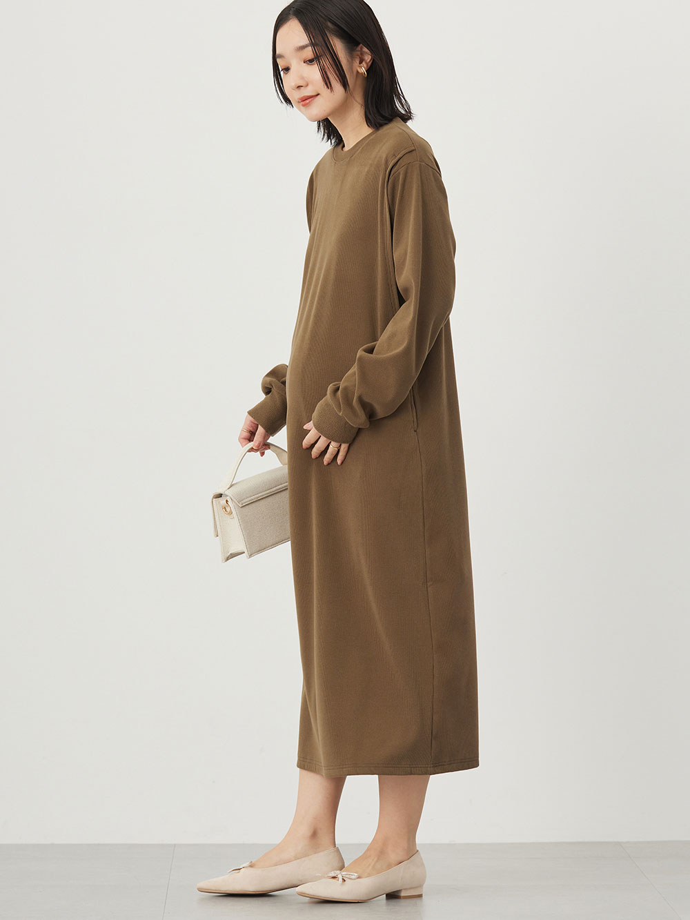 マタニティ ワンピース|ストレッチリブAラインワンピース　マタニティ・授乳服【出産後も長く使える】|カーキ