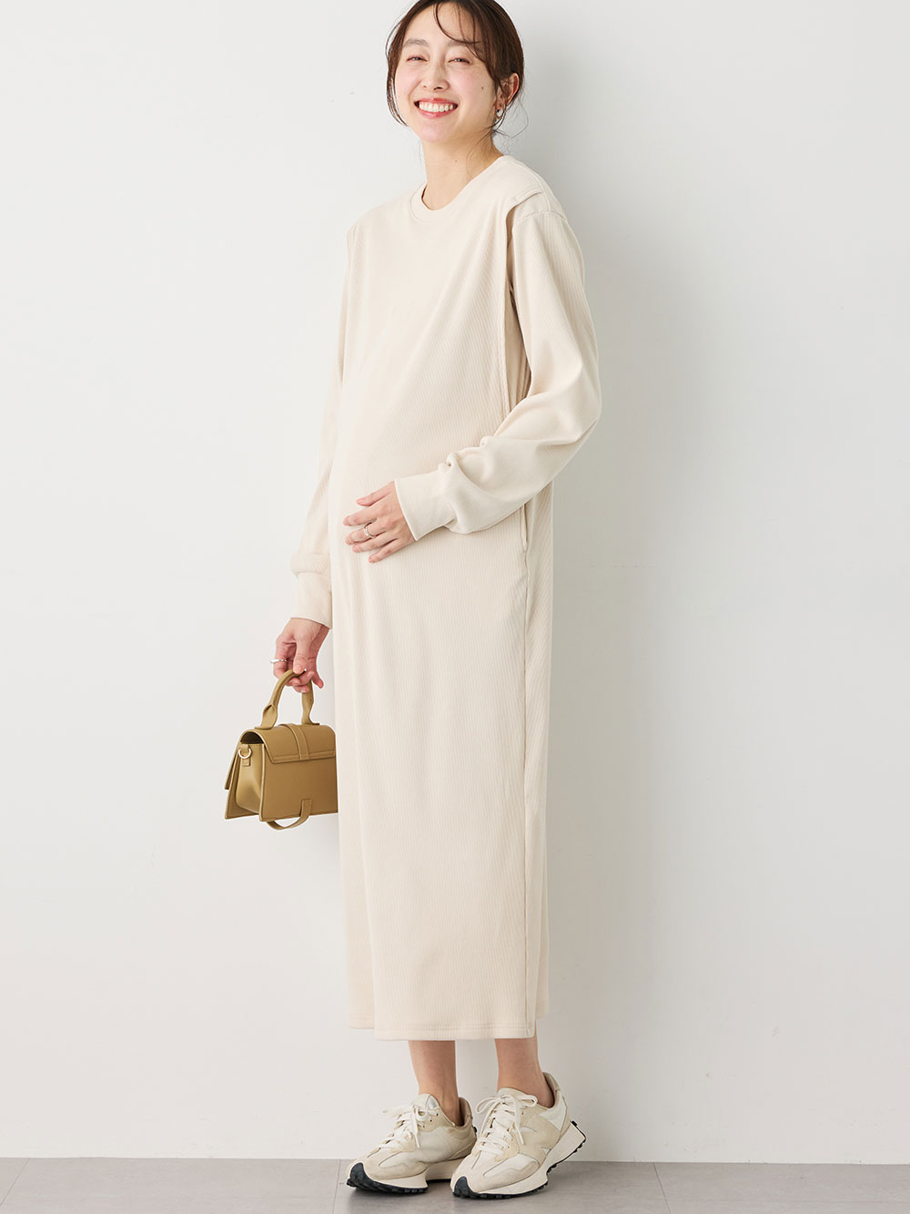 マタニティ ワンピース|ストレッチリブAラインワンピース　マタニティ・授乳服【出産後も長く使える】|アイボリー（ロング丈）