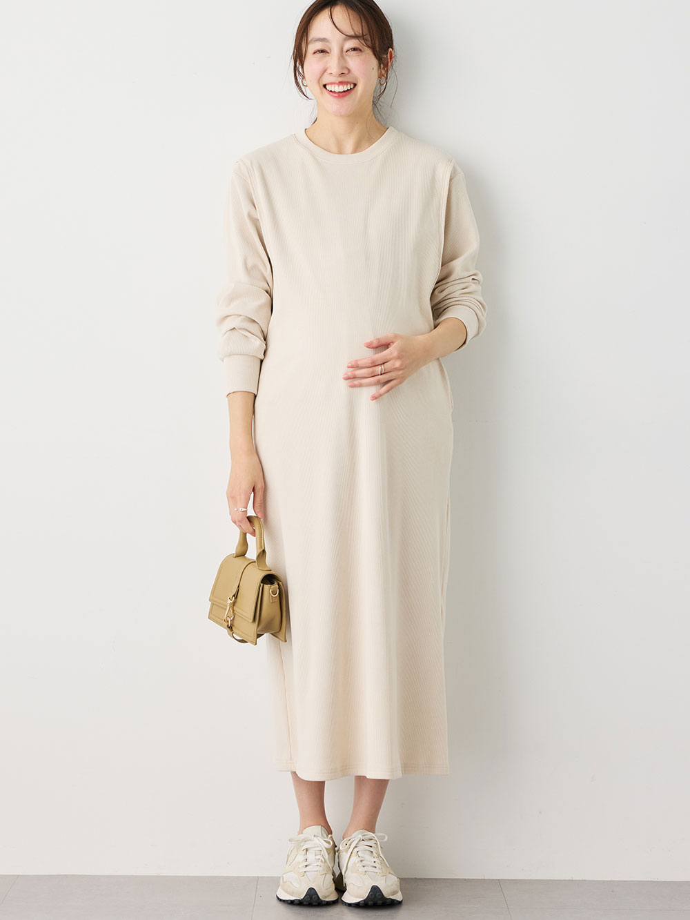 マタニティ ワンピース|ストレッチリブAラインワンピース　マタニティ・授乳服【出産後も長く使える】|アイボリー（ロング丈）