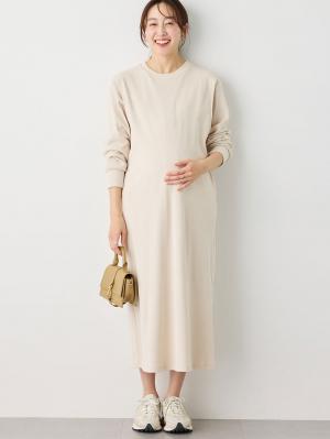 マタニティ ワンピース|ストレッチリブAラインワンピース　マタニティ・授乳服【出産後も長く使える】|アイボリー（ロング丈）