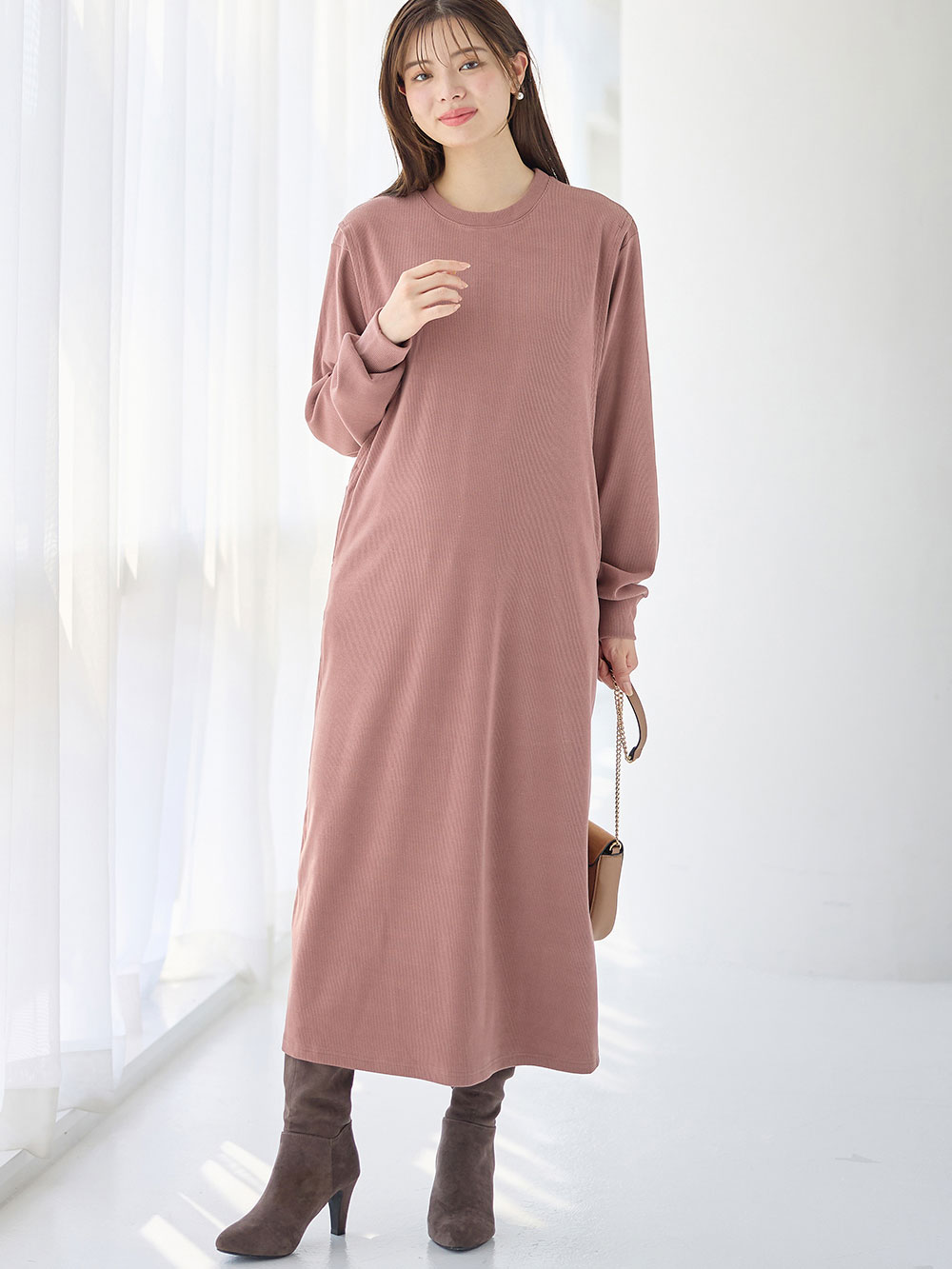 マタニティ ワンピース|ストレッチリブAラインワンピース　マタニティ・授乳服【出産後も長く使える】|ピンク（ロング丈）