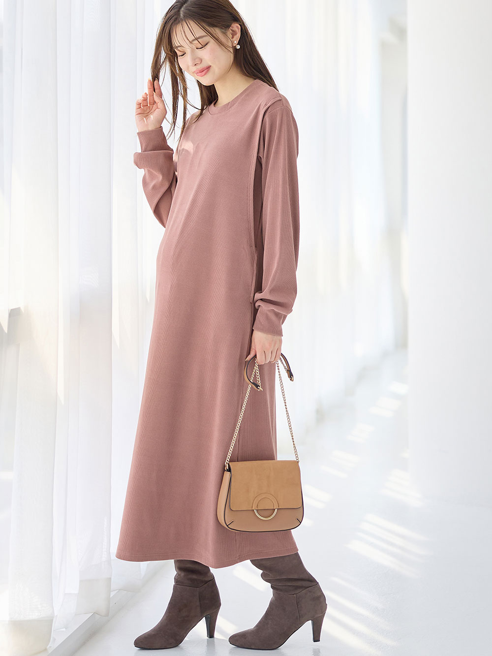 マタニティ ワンピース|ストレッチリブAラインワンピース　マタニティ・授乳服【出産後も長く使える】|ピンク（ロング丈）