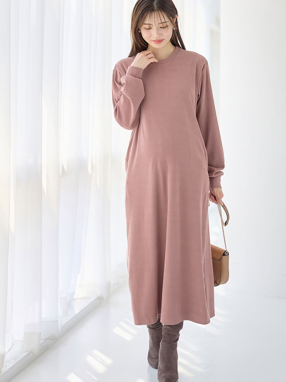 マタニティ ワンピース|ストレッチリブAラインワンピース　マタニティ・授乳服【出産後も長く使える】|ピンク（ロング丈）