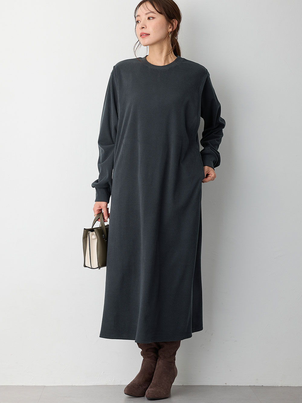 マタニティ ワンピース|ストレッチリブAラインワンピース　マタニティ・授乳服【出産後も長く使える】|チャコール（ロング丈）