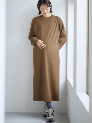 マタニティ ワンピース|ストレッチリブAラインワンピース　マタニティ・授乳服【出産後も長く使える】|カーキ（ロング丈）